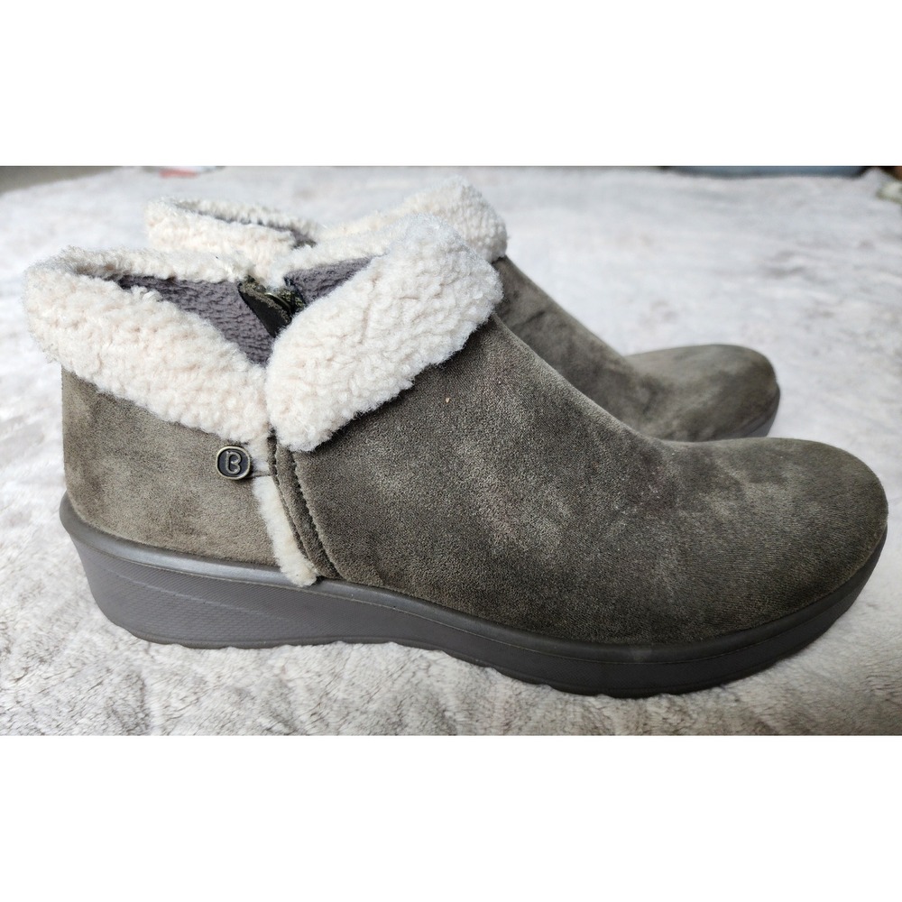 Bzees Womens Olive Faux Fur Trim Ankle Boots Side Zip Wedge Booties Size 9M